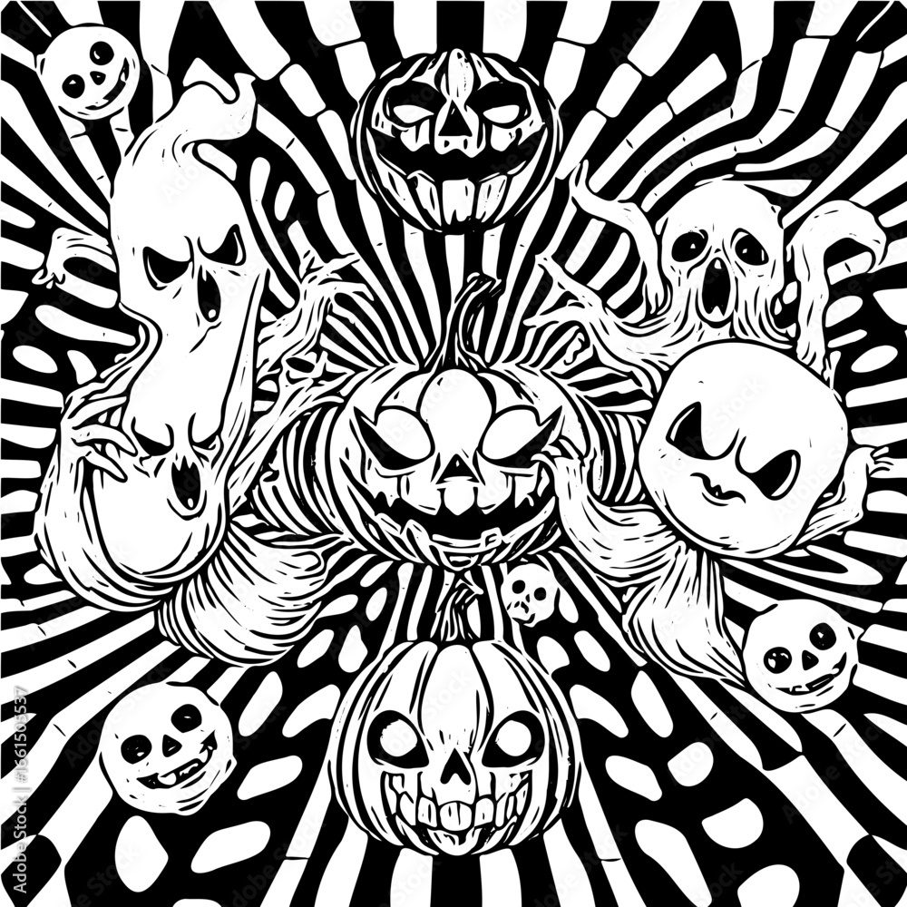 Fototapeta premium Optical Illusion Halloween Pattern with Pumpkins and Ghosts in Black and White Vector Style