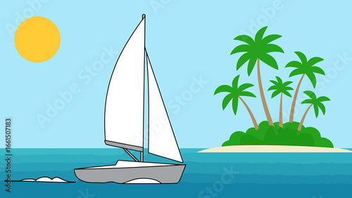 Sailboat cruising on the sea under the sun near a tropical island paradise getaway on a sunny day for vacation escape