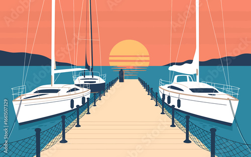 Vector illustration of a sunset harbor with yachts and a pier featuring a peaceful and calming seaside scene