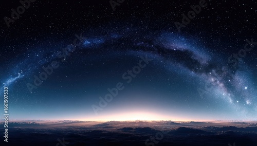Panoramic view of the Milky Way above a sunrise over clouds.  Vast expanse of night sky, densely populated with stars, and a prominent Milky Way arching across the upper portion.  