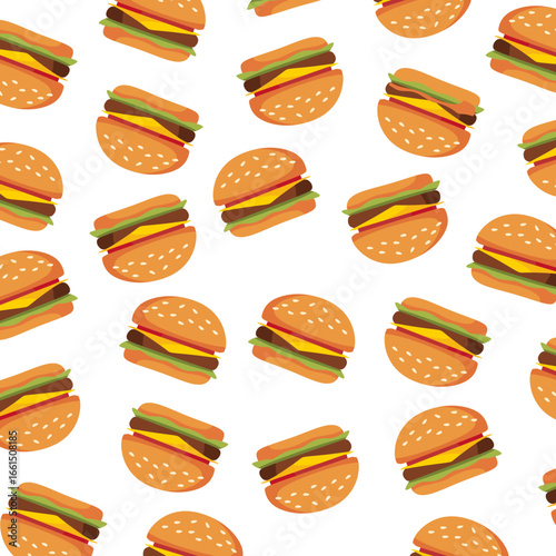 Seamless Burger Pattern. Fast Food Burger Texture. Suitable for Cafe Menu and Food Wrapping