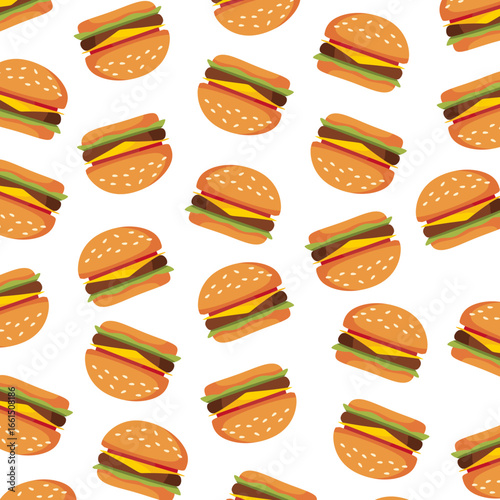 Seamless Burger Pattern. Fast Food Burger Texture. Suitable for Cafe Menu and Food Wrapping