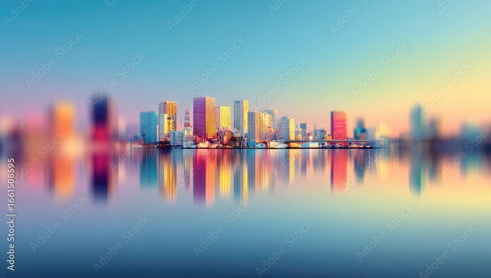 Fototapeta premium Colorful cityscape reflected in calm water at dawn/dusk