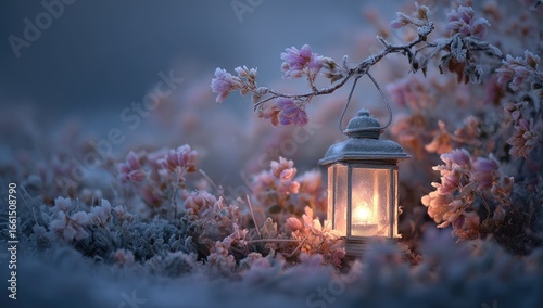 Frozen winter scene with lantern