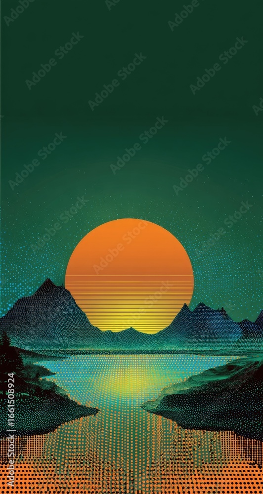 Obraz premium Sunset over a stylized mountain lake. Digitally rendered, vibrant colors, and slightly pixelated