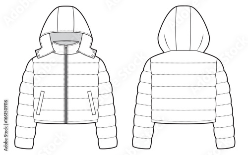 Puffer hooded jacket fashion sketch. Cropped fit