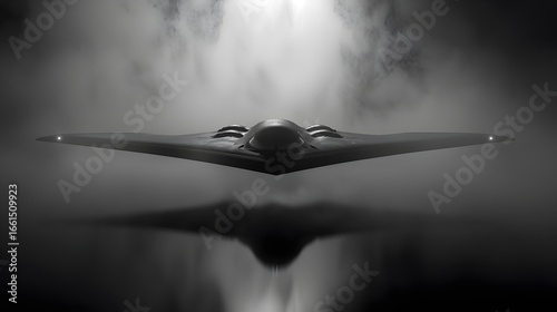 Modern stealth bomber flying wing design head on over water reflection black and white futuristic military aircraft strategic air power USAF technology defense (Aircraft)