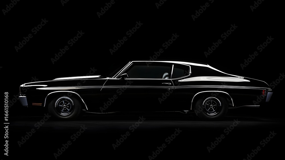 Fototapeta premium Black 1973 American muscle car side profile white roof stripes isolated black background vintage powerful coupe classic automotive restoration collector car power (Automotive)