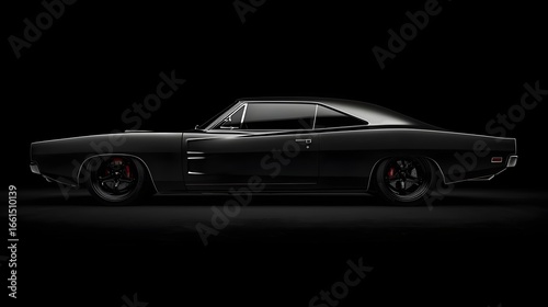 Wallpaper Mural Customized black 1970 classic muscle car side view dark background modified American vintage sports coupe aggressive lowered stance automotive performance power (Automotive) Torontodigital.ca