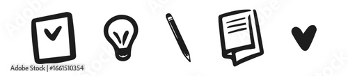 Minimalist icon set of productivity and creativity symbols in monochrome sketch style, vector set