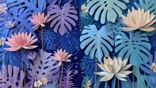 Layered paper cut tropical leaves and flowers in pastel colors on a dark blue backdrop