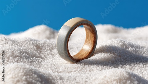 A light beige and grey ring rests on white sand against a vibrant blue sky
