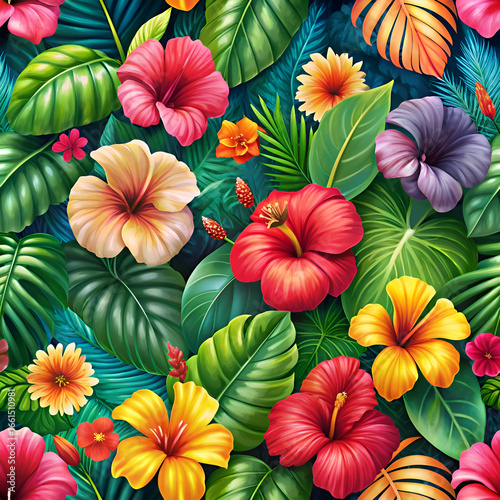 Vibrant Tropical Flowers and Lush Leaves Pattern