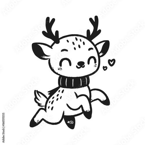 Cheerful cartoon reindeer prancing with scarf and hearts in monochrome sketch style, vector