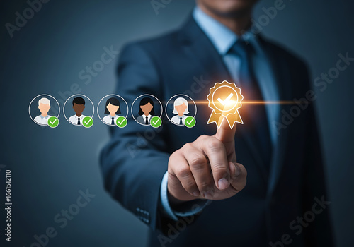 A businessman's finger presses a virtual screen, connecting to a global social networkA businessman's finger presses a virtual screen, connecting to a global social network