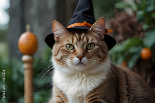 Cat with green eyes in a witch's hat sits in the forest