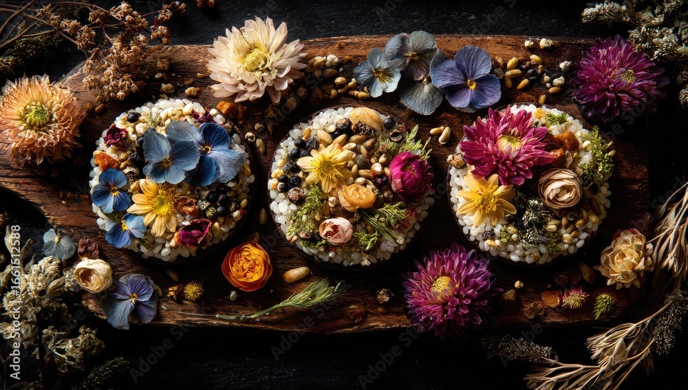 Fototapeta premium Three round, decorative treats, adorned with pressed flowers and dried botanicals, artfully arranged on a wooden board