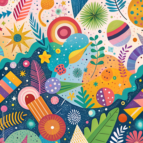 Abstract Colorful Geometric Pattern with Floral Elements