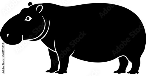 Silhouette of a standing hippo with smooth lines and bold outline on white background art