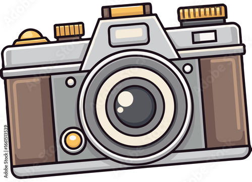 Vintage style camera cartoon illustration with lens icon for photography enthusiasts and artists