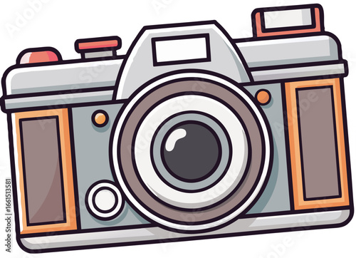 Vintage style camera cartoon illustration with lens icon for photography enthusiasts and artists