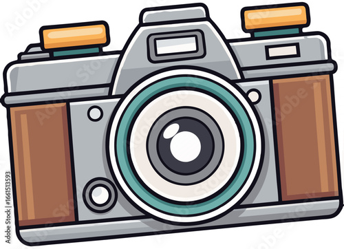 Vintage style camera cartoon illustration with lens icon for photography enthusiasts and artists