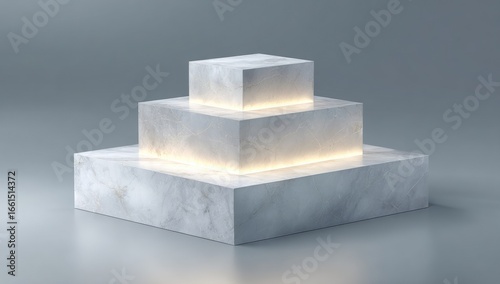 Three stacked, square, light-illuminated marble podiums
