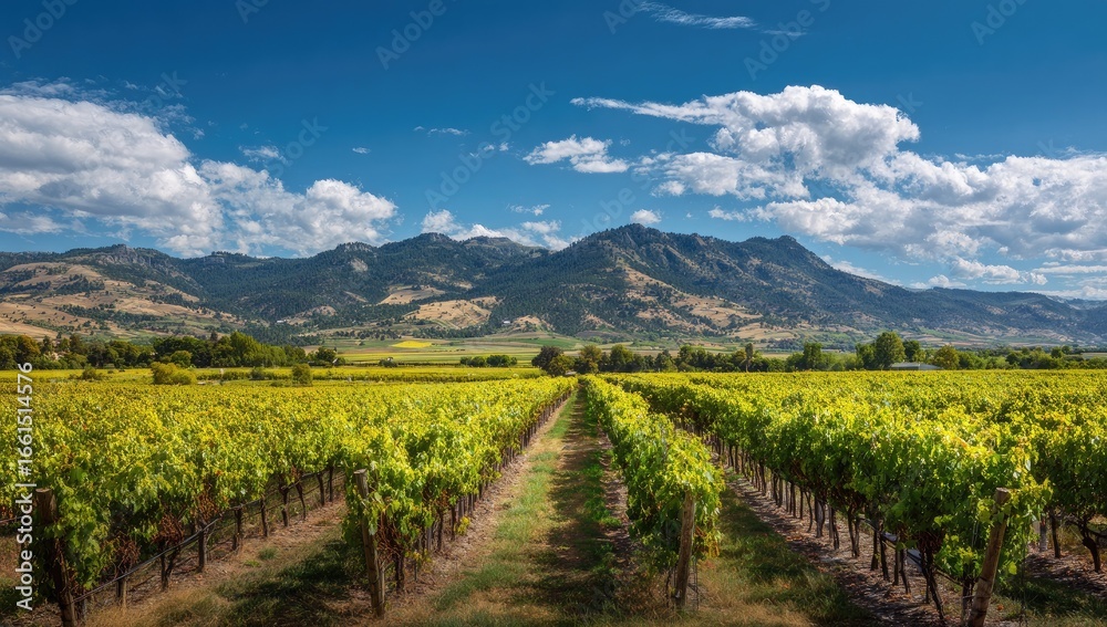 Fototapeta premium Panoramic vineyard landscape under a vibrant blue sky