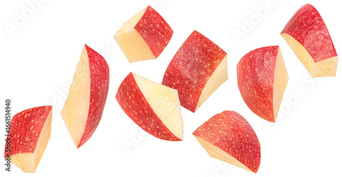 Falling apple slices isolated on white background, full depth of field