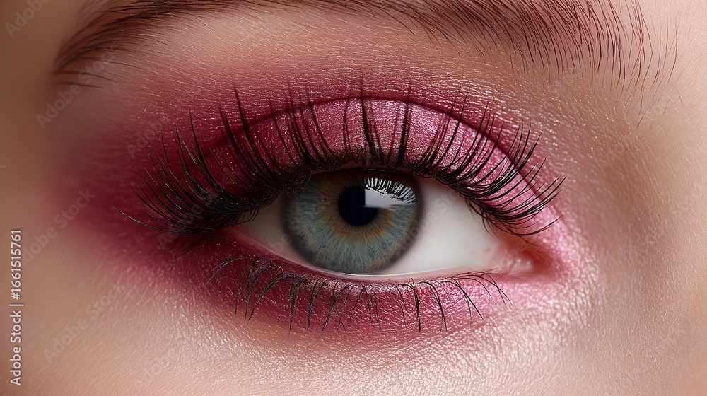 Obraz premium A mesmerizing gaze with shimmering crimson eyeshadow and dramatic lashes on fair skin in macro view