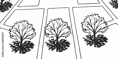 Illustration of a neighborhood street with trees planted in the front yards of each house plot
