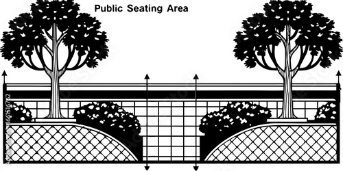 Illustration of a public seating area with trees bushes and a fence in black and white style drawing