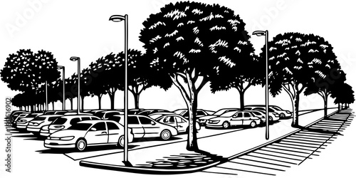 A black and white illustration of a parking lot filled with cars and lined with trees and streetlights