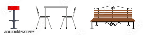 Flat set of bar stool, bistro table with chairs, and park bench. Furniture elements for cafe, restaurant, lounge, or outdoor recreation area.