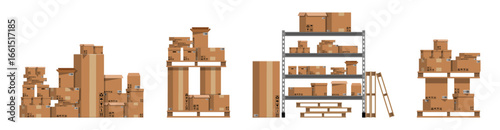 Warehouse storage of brown cardboard boxes on pallets and metal shelves. Shipping and delivery logistics concept in flat style illustration.