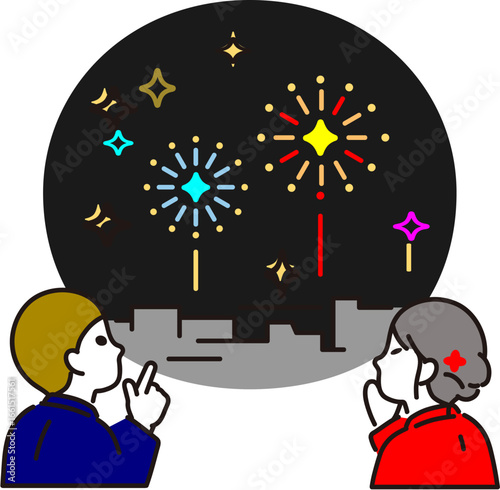 vector, Young couple admiring colorful fireworks on a dark night sky  