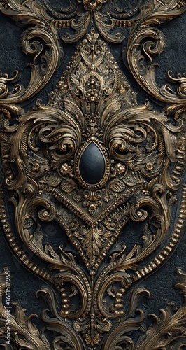 Ornate gold-toned embellishments on a dark background, featuring intricate, detailed patterns and a central, dark gemstone