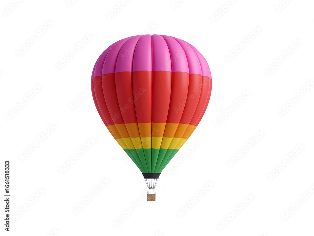 Fototapeta premium Hot air balloon with vibrant rainbow colors including pink red orange yellow and green isolated on transparent background symbolizing adventure and freedom