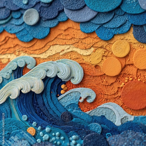 Abstract sculpted seascape, layered with textured forms of varying shades of blue, orange, and light yellow