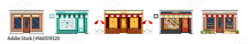 Set of various shop facades with awnings and displays. Flat style store building front for local shopping and street view concept.