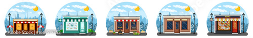 Collection of various small business storefronts cafe, pharmacy, grocery, bakery, book shop. Cityscape background. Flat vector illustration for retail concept.