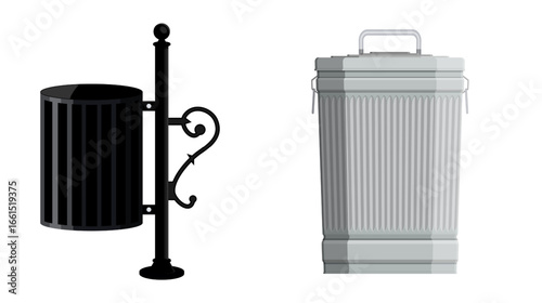 Two different models of public trash can. Street garbage bin and metal dustbin for waste collection. Litter container in flat style illustration.