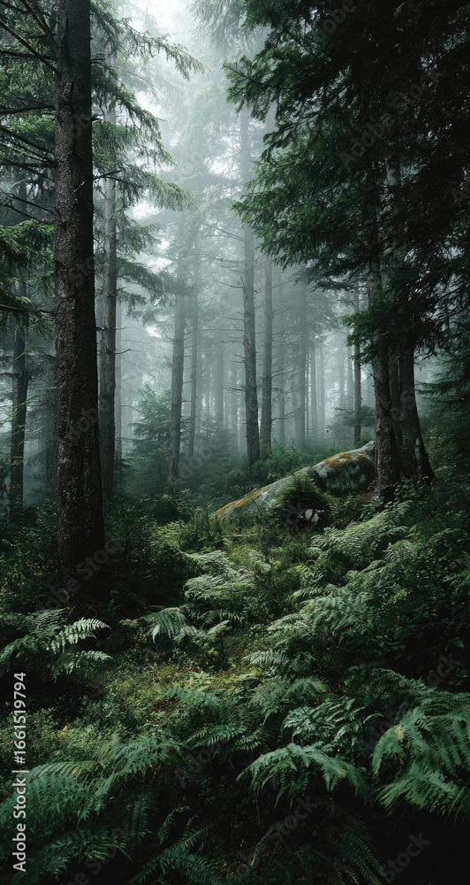Fototapeta premium Misty forest floor, lush greenery, tall trees