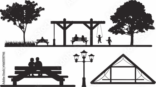 Silhouette of people in a park with trees benches swings and a gazebo on a sunny day creating a peaceful scene