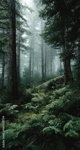 Misty forest floor, lush greenery, tall trees