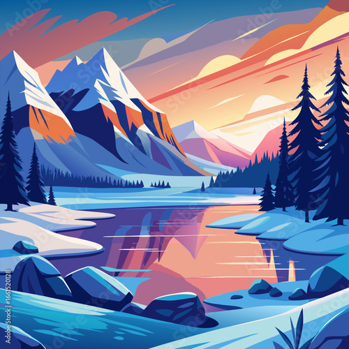 Majestic Winter Landscape. Sunset over Snowy Mountains and a Tranquil Lake