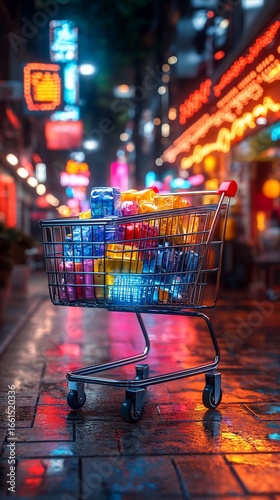 A shopping cart overflowing with colorful goods sits on a wet street at night, illuminated by vibrant neon signs