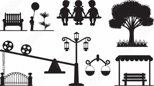 Silhouette illustration of park elements including children bench tree and playground equipment scene design