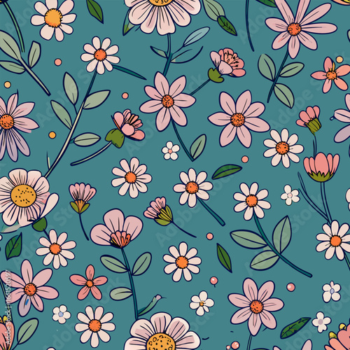 Pretty Seamless Floral Pattern with Pink and White Flowers on Teal Background