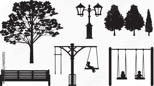 Silhouette illustration of park scene with trees, bench, lamppost and swings with children playing